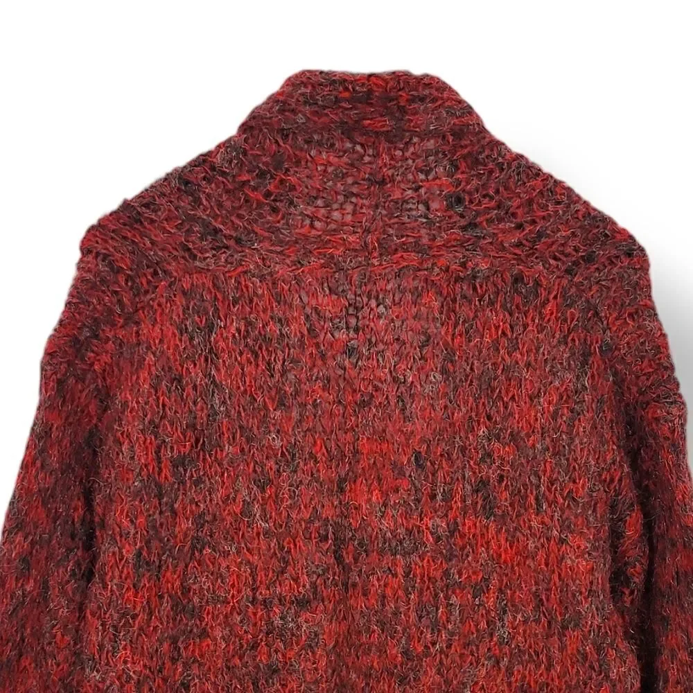 Vintage Hand Knitted Oversized V-neck Wool Knit Reindeer Sweater in Red L/XL